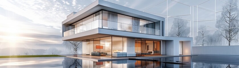 Modern house plan, cuttingedge design, detailed blueprint, realistic background, high resolution, attracting potential buyers