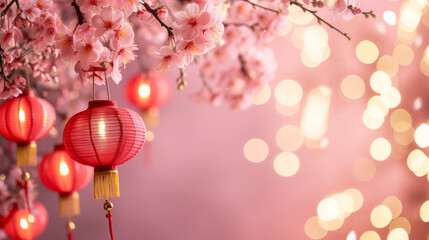 Lunar new year decorations purple tone ,and pink tone poster with happy Chinese new year