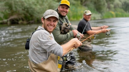 A group of friends joyfully fishing in a forested river, their faces reflecting patience and joy, surrounded by tall trees and the gentle sounds of nature, capturing the peacefulness of outdoor
