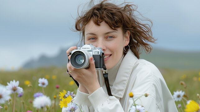 A young woman joyfully photographing a field of wildflowers at the base of a majestic mountain, capturing her passion for nature and the pure delight of discovering beautiful, hidden gems. Height