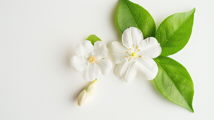 Jasmine Philadelphus flowers and leaves in a floral arrangement isolated on white background. Jasmine Philadelphus, floral arrangement, white background, flowers and leaves, isolated flowers,