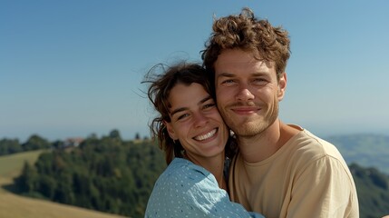 Fototapeta premium A couple joyfully embracing on a scenic overlook, with rolling hills, dense forests, and a clear blue sky as their backdrop, capturing their love and the awe-inspiring beauty of nature's landscapes.