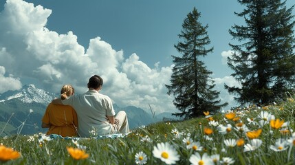 A couple joyfully picnicking on a forested hillside, surrounded by wildflowers and tall trees, their faces filled with love and happiness, capturing the joy of shared moments in nature. Height