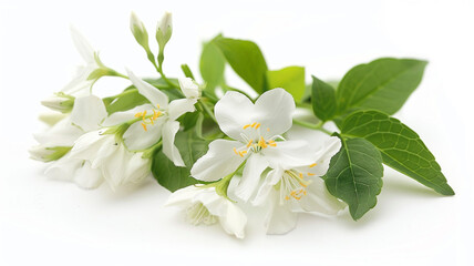 Fototapeta premium Jasmine Philadelphus flowers and leaves in a floral arrangement isolated on white background. Jasmine Philadelphus, floral arrangement, white background, flowers and leaves, isolated flowers,