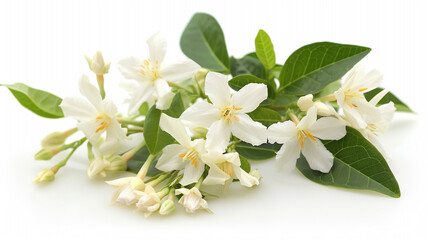 Fototapeta premium Jasmine Philadelphus flowers and leaves in a floral arrangement isolated on white background. Jasmine Philadelphus, floral arrangement, white background, flowers and leaves, isolated flowers,