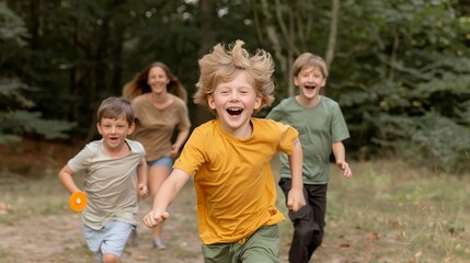 Fototapeta premium A family joyfully playing frisbee in a forest clearing, children running and parents laughing, their faces filled with joy and energy, capturing the fun and freedom of outdoor play in nature. Height