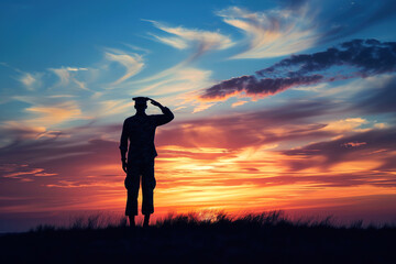 A man in a military uniform salutes the sun, generative ai image.
