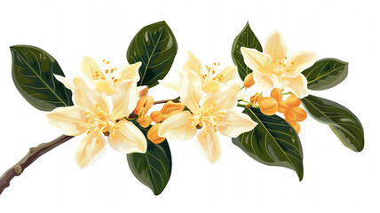 Obraz premium Jasmine Philadelphus flowers and leaves in a floral arrangement isolated on white background. Jasmine Philadelphus, floral arrangement, white background, flowers and leaves, isolated flowers,