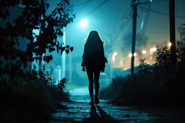 A woman walks down a dark street at night, generative ai image.