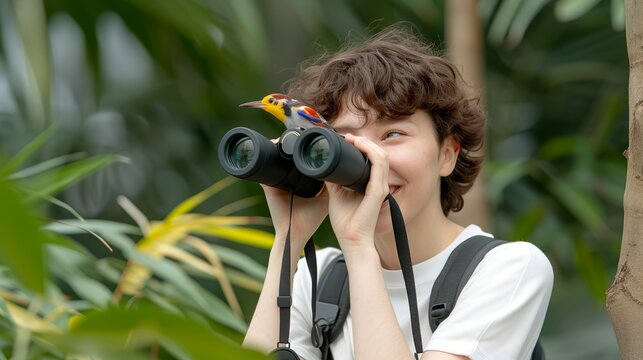 A young woman joyfully birdwatching in a forest, her binoculars focused on a colorful bird perched on a tree, her face lit up with excitement and wonder, showcasing the joy of wildlife observation.