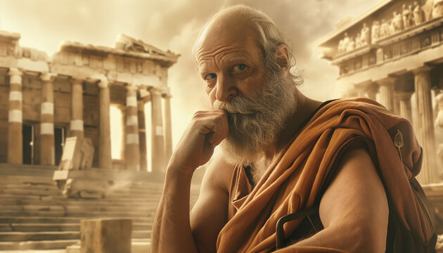 Cena Cinematogr&aacute;fica de S&oacute;crates Pensador Grego com Templo Grego Antigo ao Fundo Filosofia IA Generativa