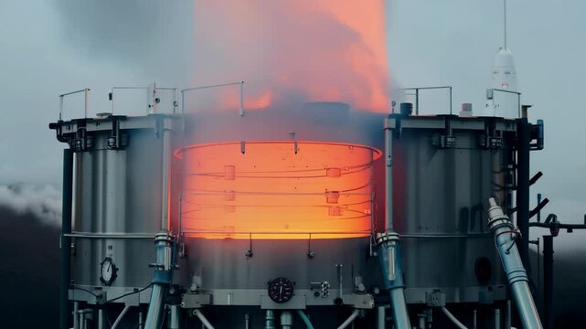Closeup of a large chemical reactor glowing with heat and energy as it catalyzes a specific reaction.