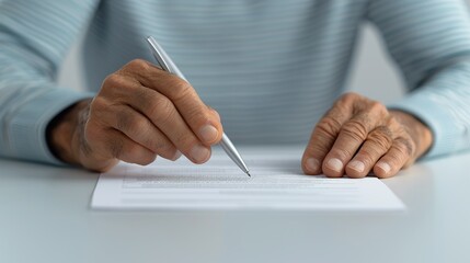 Close-up of hands making adjustments to a business plan document, illustrating attention to detail and strategic planning. Height Resolution Photo, , Minimalism,