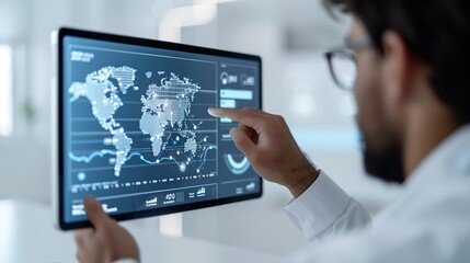 Obraz premium Close-up of hands operating a touchscreen during a presentation, emphasizing modern technology in business communication. Height Resolution Photo, , Minimalism,