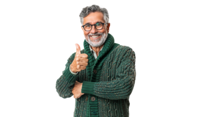 Portrait of a smiling senior man giving a thumbs up sign, isolated on transparent background