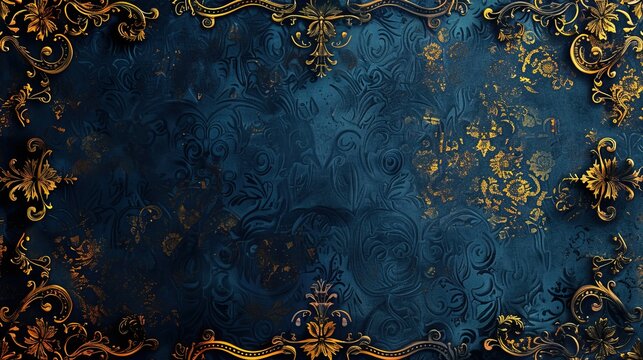 Timeless Regency Background with Rich Navy and Gold Patterns and a Gilded Frame with Scrollwork