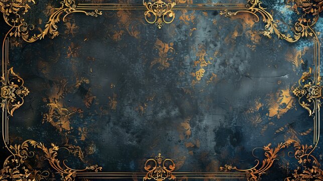 Timeless Regency Background with Rich Navy and Gold Patterns and a Gilded Frame with Scrollwork