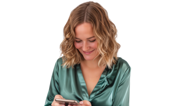 Smiling blonde woman holding and using a mobile phone, isolated on transparent background