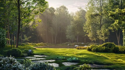 garden located on the edge of a forest, with tall trees in the background. generative ai