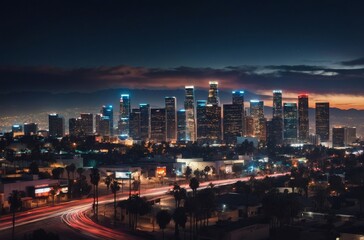 Panoramic view of los angeles skyline at night