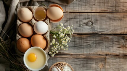 Dairy products and eggs displayed on a wooden surface to promote healthful eating