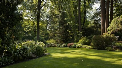 Obraz premium garden located on the edge of a forest, with tall trees in the background. generative ai