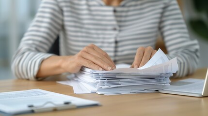 Hands arranging documents on a desk, highlighting meticulous organization and preparation in business. Height Resolution Photo, , Minimalism,