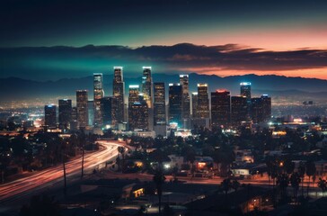 Fototapeta premium Panoramic view of los angeles skyline illuminated at twilight with vibrant orange and teal sky