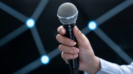 Hands holding a microphone and a laser pointer during a corporate presentation, capturing the dynamic elements of public speaking in business. Height Resolution Photo, , Minimalism,