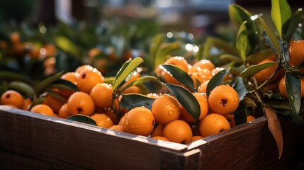 A wooden crate filled with fresh, ripe loquats with green leaves, glistening with water droplets, in a sunlit setting.
