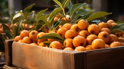 A wooden crate filled with freshly harvested loquats, with green leaves still attached, in an outdoor market setting.
