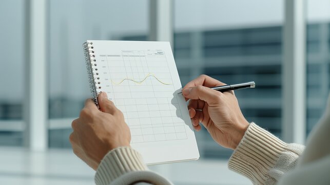 Hands holding a planner and making notes, emphasizing organization and strategic planning in a professional setting. Height Resolution Photo, , Minimalism,