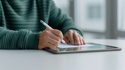 Hands of a business executive using a stylus on a digital tablet to sign documents, highlighting the role of technology in modern business processes. Height Resolution Photo, , Minimalism,