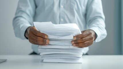 Hands of a business professional arranging documents on a desk, highlighting meticulous organization and preparedness. Height Resolution Photo, , Minimalism,
