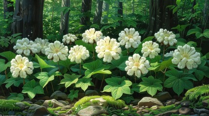 Lush Forest Floor with Blooming White Wildflowers Amidst Green Foliage in a Tranquil Woodland Setting on a Sunny Day
