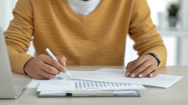 Hands of a business professional organizing documents on a desk, highlighting meticulous preparation and attention to detail. Height Resolution Photo, , Minimalism,