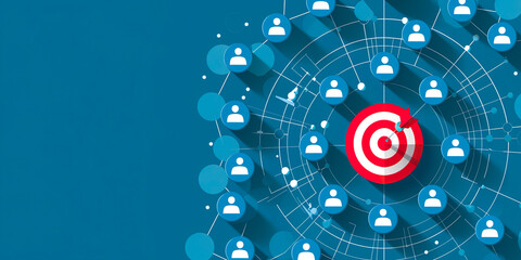 Fototapeta premium A blue background with a red target in the center surrounded by people