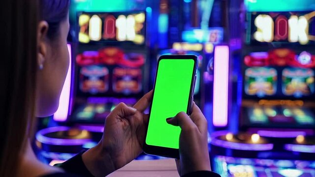 Close up of a smart phone in landscape position held by a young woman with pearl earrings with a backdrop of slot machines in a casino. Screen of smart phone is a chroma key green screen.