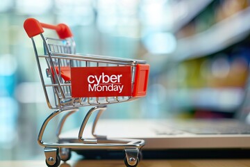 Mini shopping cart on a laptop keyboard with a 'Cyber Monday' tag, symbolizing online sales and digital consumerism