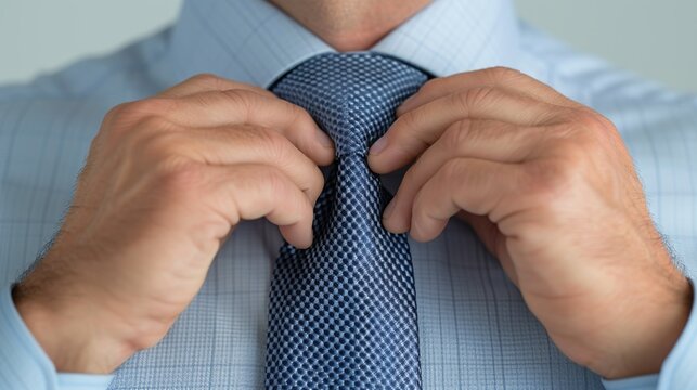Close-up of hands adjusting a tie, symbolizing professionalism and attention to personal presentation in business. Height Resolution Photo, , Minimalism,