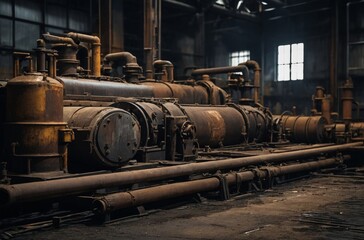 Rusty industrial machinery in dark abandoned factory