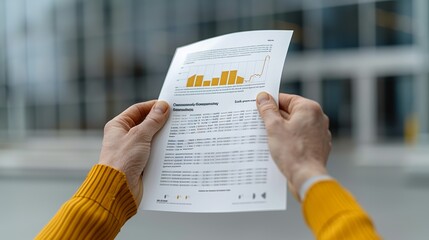 Naklejka premium Hands holding a printed report with financial data, illustrating the importance of thorough analysis and review in business. Height Resolution Photo, , Minimalism,