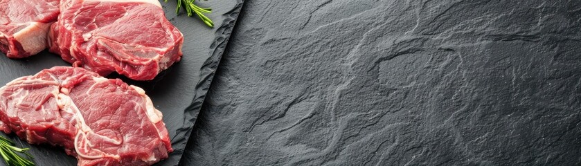 Raw steak cuts on dark slate background with herbs. High-quality meat for cooking. Culinary photo for food industry and gourmet enthusiasts.