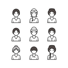 Simple nurse icons, simple black outline only, white background, vector graphic