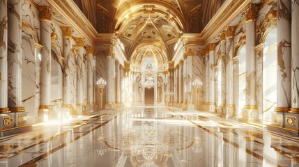 Obraz premium Realistic fantasy fantasy gold-white marble palace interior photography. Golden Palace. Inside the castle. Fictional backdrop. concept art