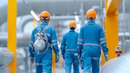Fototapeta premium Energetic image of engineers in an oil refinery, highlighting teamwork and professional excellence in the petrochemical industry. Height Resolution Photo, , Minimalism,