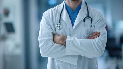 A doctor stands in a hospital hallway with his arms crossed