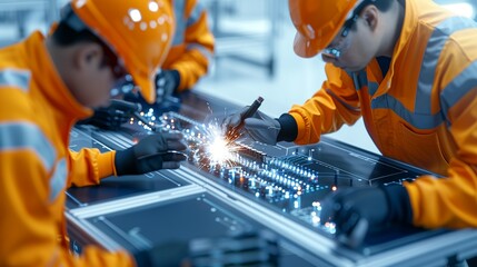 Engaging illustration capturing engineers working together in a modern manufacturing environment, showcasing their expertise and teamwork. Height Resolution Photo, , Minimalism,