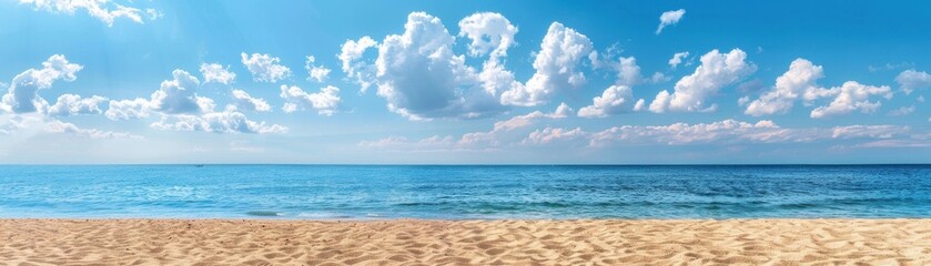 Fototapeta premium Stunning panoramic view of a serene beach with golden sands, azure waters, and a clear blue sky dotted with fluffy clouds.
