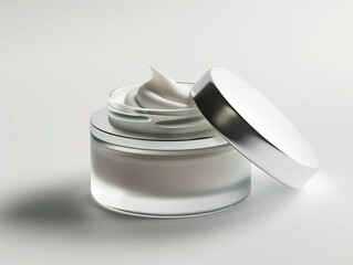 glass jar of beauty cream with silver lid resting on the side and reflected in the white plane